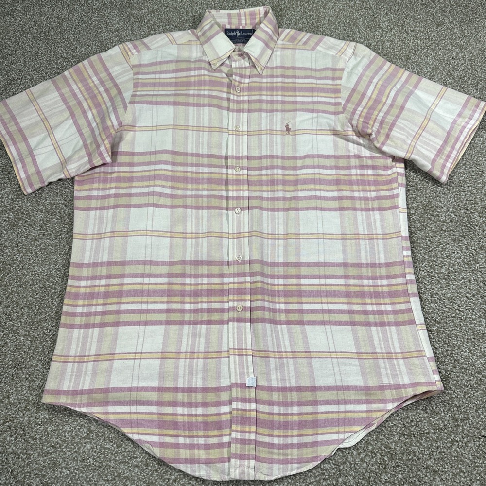 Pink Plaid Pony Ralph Lauren Button Down Short sleeve Shirt Hand Woven Sz Large